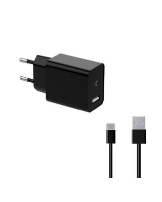 Cargador Pared 2.4A USB + Cable USB - Tipo C 1 Metro Negro